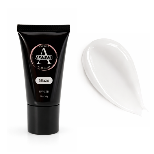 Black tube of Alamani Glaze gel with a white simple gel on a white background