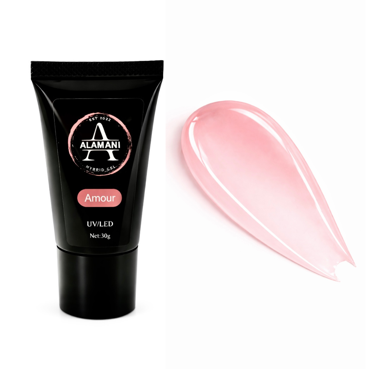 Alamani hybrid nail gel tube with pink gel sample on a white background