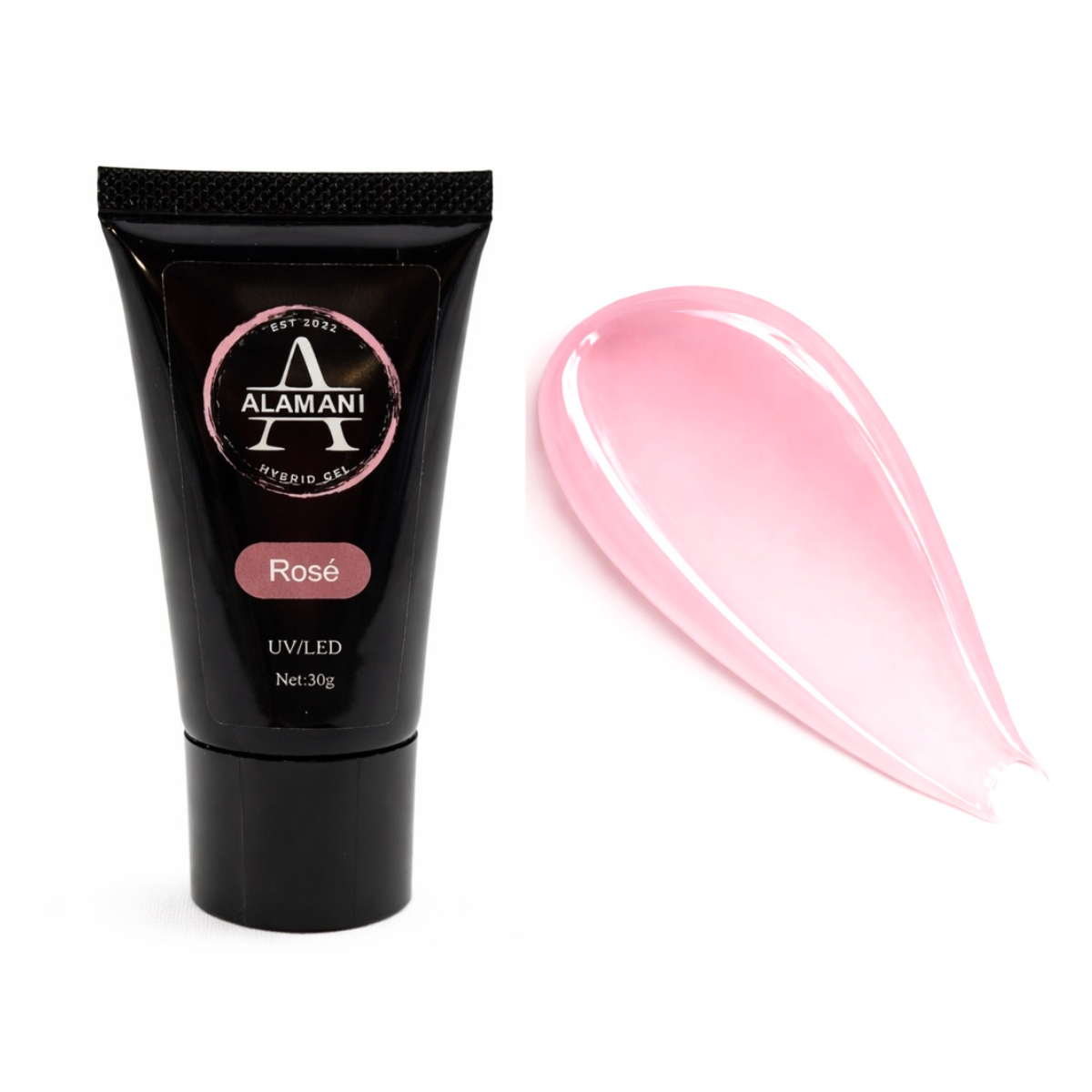 Alamani Rosé polygel tube with pink polygel swatch on a white background