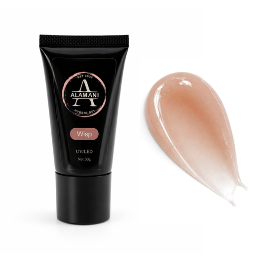 Alamani cosmetic tube with a swatch of beige polygel on a white background